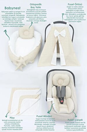 Babynest Ortopedik Bebek Yatak, Pike Ve Puset Aksesuar 6' Lı Set, Gökkuşağı Serisi, Krem