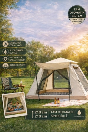 Tam Otomatik Kamp Çadırı 210x210 cm 3 Saniyede Kurulum Su Geçirmez Sineklikli Çadırı Outdoor Kamp