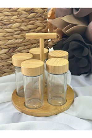 Bambu Standlı Kapalık 5'li Baharatlık / Düzen / Organizer
