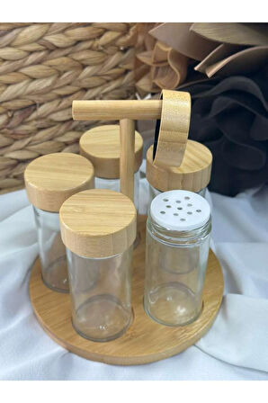 Bambu Standlı Kapalık 5'li Baharatlık / Düzen / Organizer