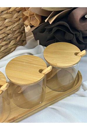 Bambu Cam 3'lü Reçellik / Baharatlık / Şekerlik / Organizer / Düzenleyici