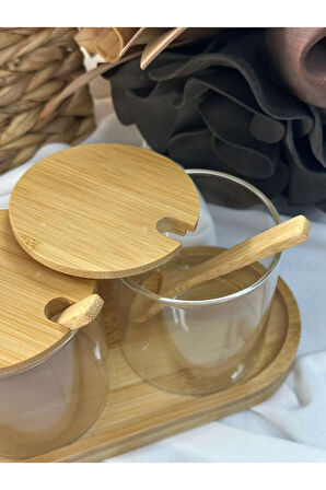 Bambu Cam 3'lü Reçellik / Baharatlık / Şekerlik / Organizer / Düzenleyici