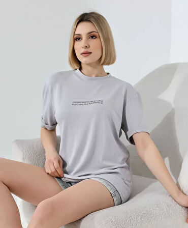 Unisex Bisiklet Yaka Baskılı Slim Fit T-Shirt - Boyalı Gri