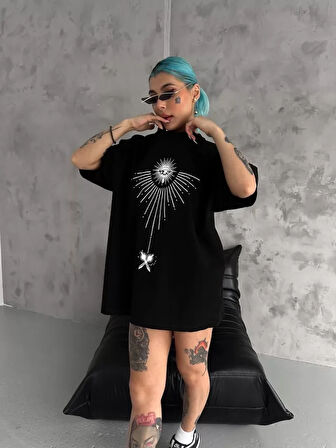 Unisex Bisiklet Yaka Baskılı Oversize T-Shirt - Siyah