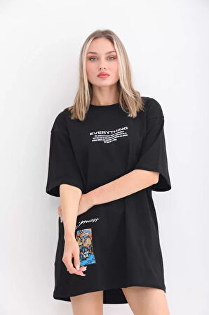 Unisex Bisiklet Yaka Baskılı Oversize T-Shirt - Siyah