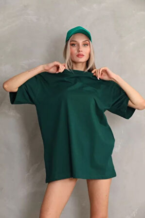 Unisex Bisiklet Yaka 20/1 Düz Oversize T-Shirt - Yeşil