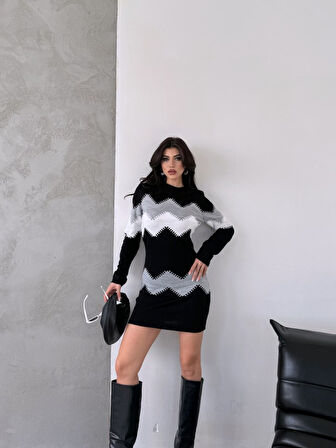 Kadın Uzun Kollu Zigzag Desen Triko Elbise