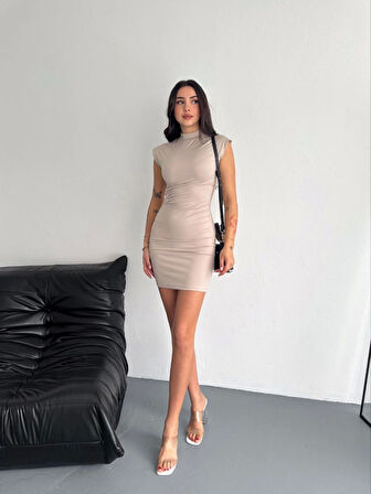 Yarım Bogazlı Kolsuz Mini Boy Elbise - Bej