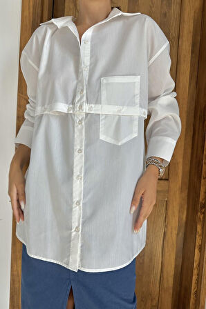 Beyaz Beli Ayrılabilen Poplin Gömlek