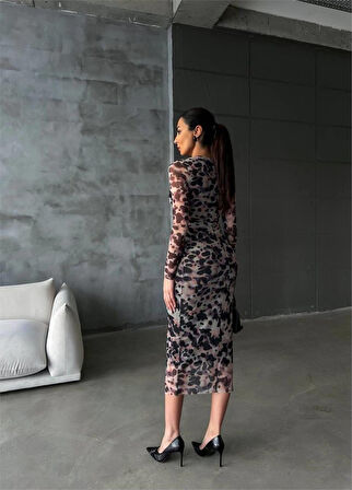 LEOPAR DESEN TÜL ELBİSE BEL DEKOLTELİ DRAPE DETAYLI - Leopar