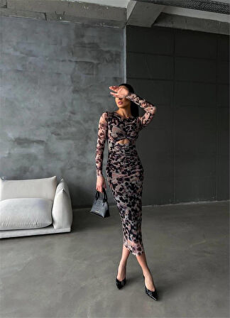 LEOPAR DESEN TÜL ELBİSE BEL DEKOLTELİ DRAPE DETAYLI - Leopar