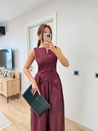 Önden Fermuar Detaylı Kolsuz Uzun Elbise - Bordo