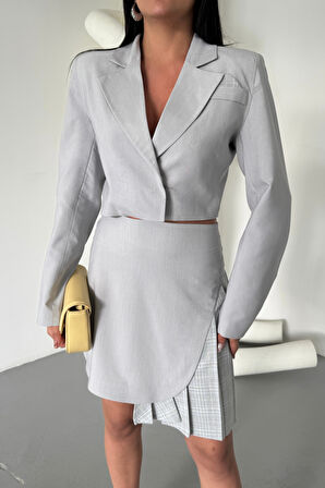 POLYVİSKON CROP CEKET - EKOSE PİLE DETAYLI ETEK TAKIM - Gri