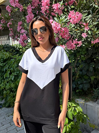 Kadın Kısa Kollu V Yaka Siyah Beyaz Renkli Viskon Iki Iplik Kumaş Eşofman Takımı