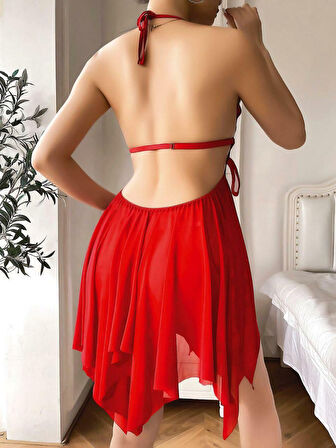 MDB MdbShop Göğüs Kelebek Detaylı Fantezi Tül Kırmızı Gecelik