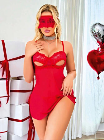 MDB MdbShop Kırmızı Göğüs Dekolteli Göz Bantlı Fantezi String Tül Gecelik Takımı