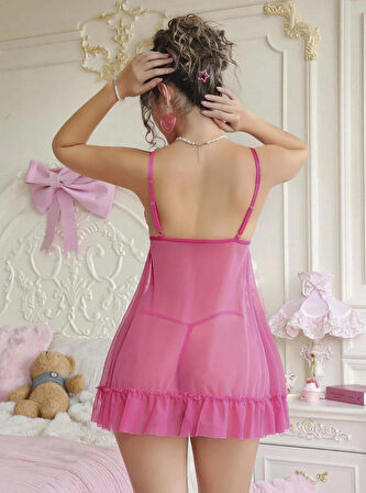 MDB MdbShop Fuşya Dantel İşlemeli Göğüs Dekolteli Fiyonklu Fantezi String Tül Gecelik Takımı