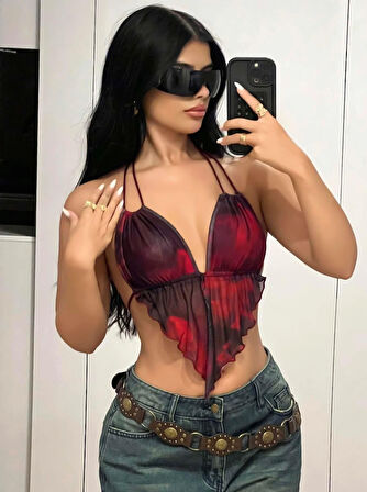 MDB MdbShop Kırmızı Siyah Desenli İnce Askılı Üçgen Kesim Crop