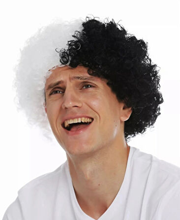 MDB Siyah Beyaz Kıvırcık Afro Bonus Taraftar Peruğu