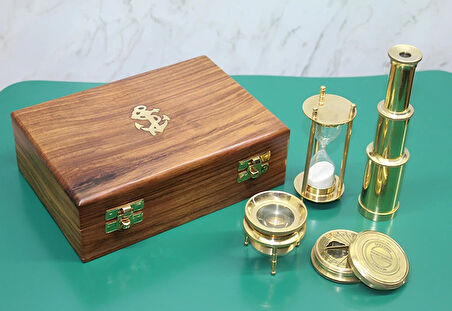 MDB Ahşap Kutulu Dürbün, Kum Saati, Büyüteç, Pusula Seti