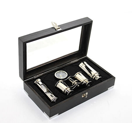 MDB Ahşap Kutulu Pirinç Dürbün Pusula Ve Kum Saati Seti