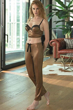 MDB MdbShop Balenli Destekli Dolgulu Parlak Baskılı Dantelli Büstiyer ve Pantolon Pijama Takım (4176)