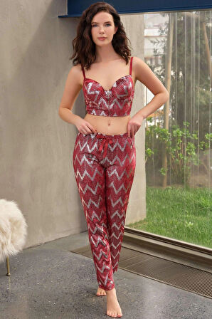 MDB MdbShop Kadife Balenli Destekli Dolgulu Parlak Baskılı Fermuar Detaylı Büstiyer ve Pantolon Pijama Takım