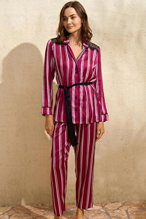 MDB Saten Çizgili Düğmeli Uzun Kol Dantelli Gömlek ve Pantolon Pijama Takım