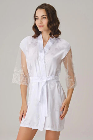 MDB Çeyizlik Uzun Kol V Yaka Kadın Saten Düz Yazlık Mini Dantel Detaylı Sabahlık