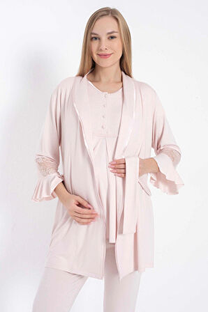 MDB Kısa Kol Bisiklet Yaka Kadın Viskon Dantel Detaylı Hamile Pijama Takımı Sabahlık