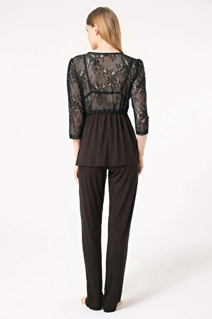 MDB MdbShop Dantelli Sabahlık Balensiz Desteksiz Dolgusuz Yaka Detaylı Sütyen ve Pantolon Pijama 3lü Takım