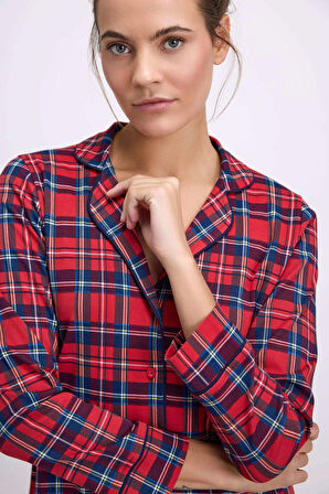 MDB %100 Pamuklu Uzun Kol Düğmeli Gömlek ve Ekose Pantolon Pijama Takımı