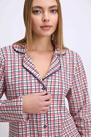 MDB Pamuklu Uzun Kol Düğmeli Gömlek ve Ekose Pantolon Pijama Takımı