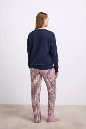 MDB Rahat ve Şık %100 Pamuklu Uzun Kol Sweatshirt ve Ekose Pantolon Pijama Takımı