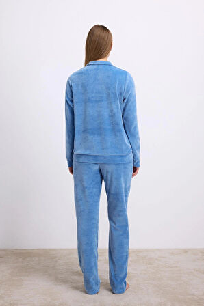 MDB Uzun Kollu Fermuarlı Kadife Sweatshirt ve Pantolon Pijama Takımı