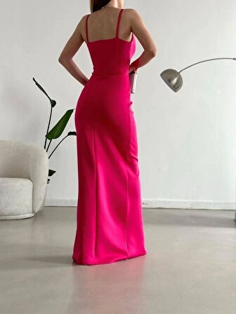 MDB Kadın Dalgıç Kumaş Askılı Yırtmaç Detaylı V Yaka Maxi Boy Elbise