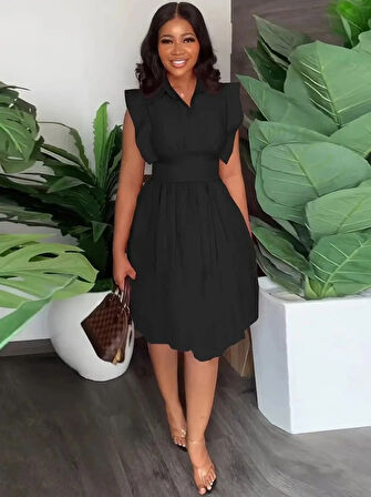 MDB Kadın Yakalı Belden Oturmalı önden Büzgülü Dokuma Mini Elbise