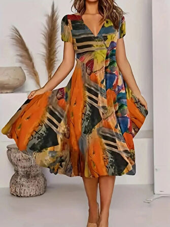 MDB Kadın Kısa Kollu V Yaka Renkli Karışık Desen Kloş Süprem Midi Elbise