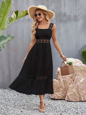 MDB Kadın Askılı Dantel Detaylı Kiloş Janjan Krep Elbise