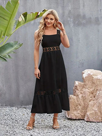 MDB Kadın Askılı Dantel Detaylı Kiloş Janjan Krep Elbise