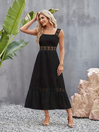 MDB Kadın Askılı Dantel Detaylı Kiloş Janjan Krep Elbise