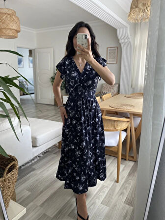 MDB Kadın Kısa Kollu Kruvaze Yakalı Beli Lastikli çiçek Desenli Elbise