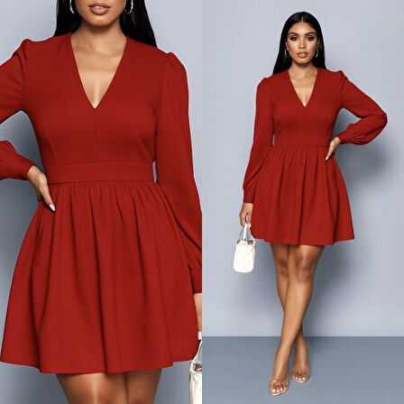 MDB Kadın Uzun Kollu V Yaka Belden Hafif Pileli Scuba Krep Mini Boy Elbise