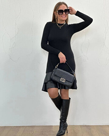 MDB Kadın Uzun Kollu Bisiklet Yaka üst Viskon Etek Ucu Deri Kısa Elbise