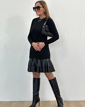 MDB Kadın Uzun Kollu Bisiklet Yaka üst Viskon Etek Ucu Deri Kısa Elbise