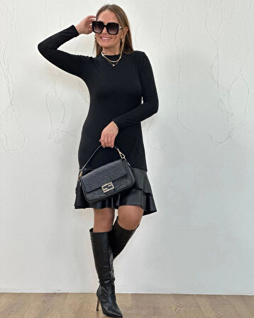 MDB Kadın Uzun Kollu Bisiklet Yaka üst Viskon Etek Ucu Deri Kısa Elbise