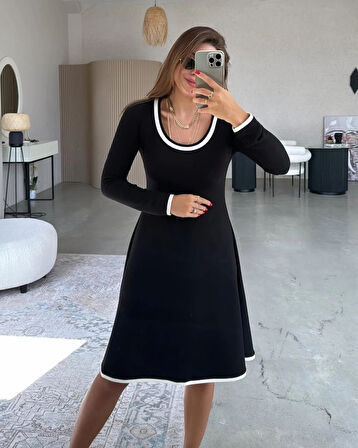 MDB Kadın Uzun Kollu Yuvarlak Yaka Midi Viskon Iki Iplik Elbise