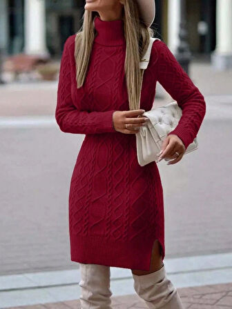 MDB Kadın Uzun Kollu Loren Yünlü Motifli Midi Boy Triko Elbise