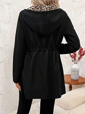 MDB Kadın Uzun Kollu Kapşonlu çift Taraflı Cepli Bağcıklı Fermuarlı Viskon Iki Iplik Ceket