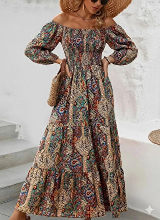 MDB Kadın Düşük Omuzlu Beli Büzgülü Dijital Desenli Kesik Elyaf Süprem Uzun Elbise